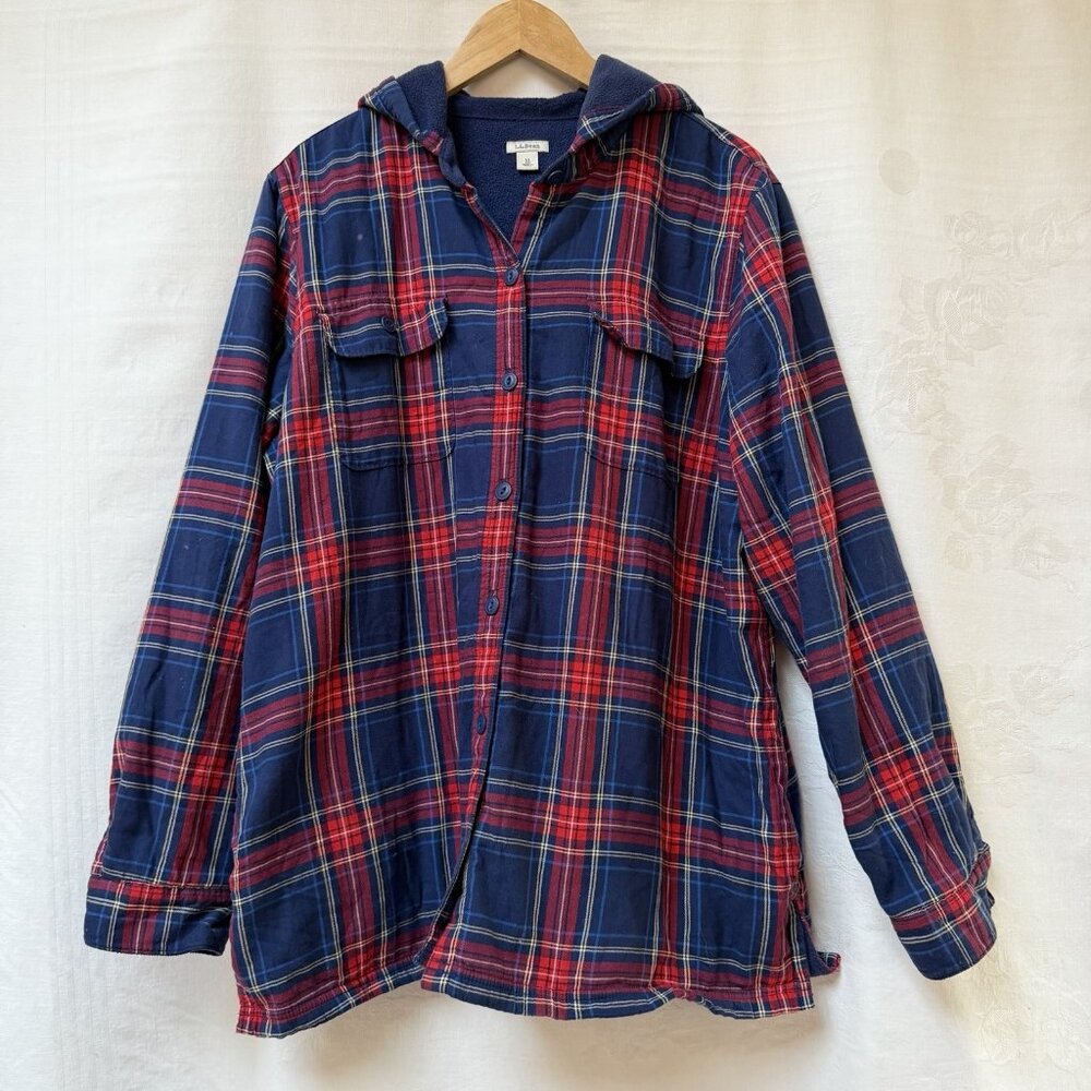 LL Bean Hoodie Women’s XL Fleece Lined Flannel Shirt Jacket Plaid Shacket Cotton